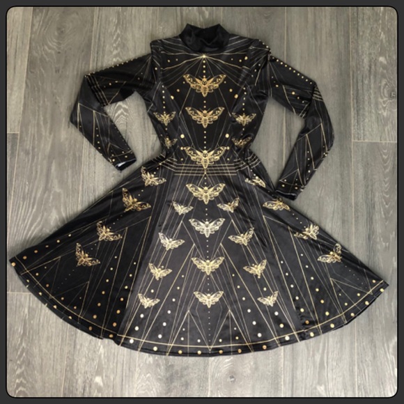 Dresses & Skirts - Blackmilk SACRED MOTH VELVET LONG SLEEVE EVIL MINI SKATER DRESS - LIMITED